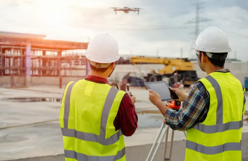 Two inspectors in hard hats and safety vests flying a drone to document a commercial roof and site